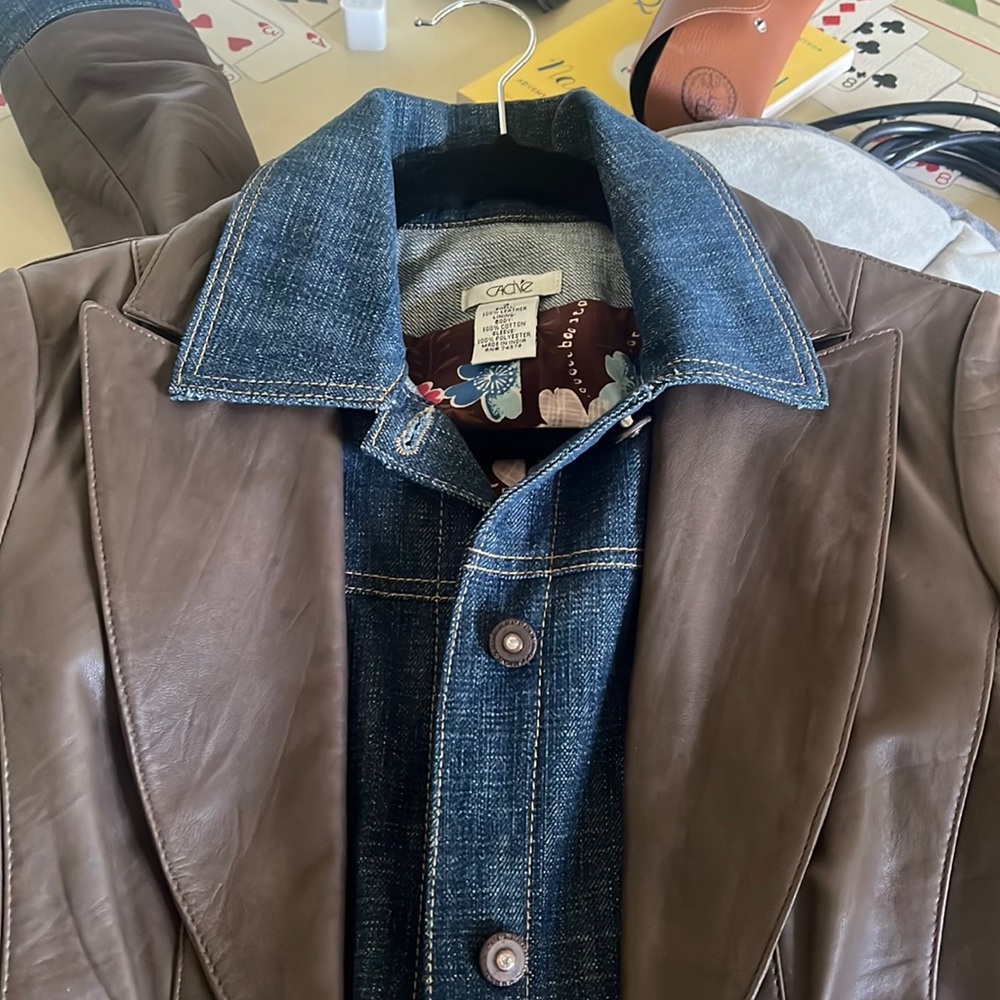Cache denim/leather jacket. Lined with floral lining